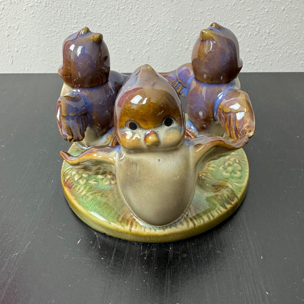 Vintage 1950s Collectible Ceramic Trio Of Blue Bird Candle Holder Figurine Decor